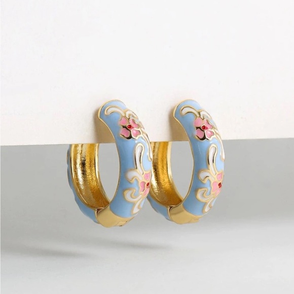 Jewelry - Gorgeous Gold Plated Baby Blue & Pink Floral Enamel Hoop Earrings New